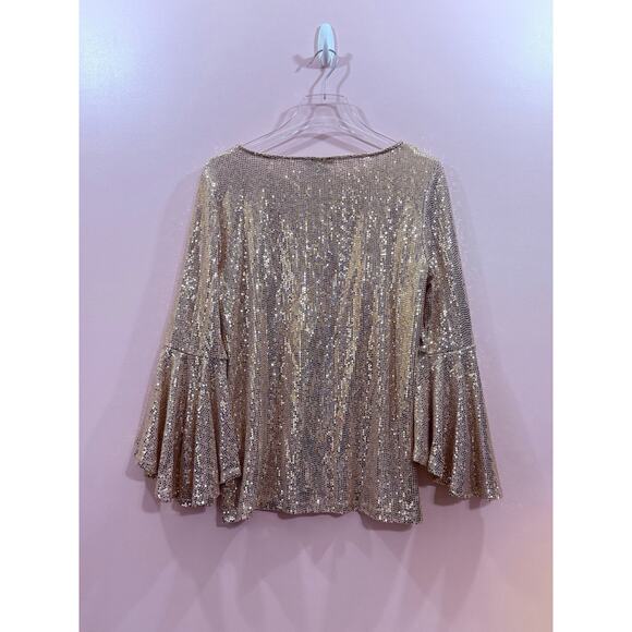 MSK Women's Gold Sequin Boat-Neck Bell-Sleeve Blouse Top Size Medium - Picture 4 of 5